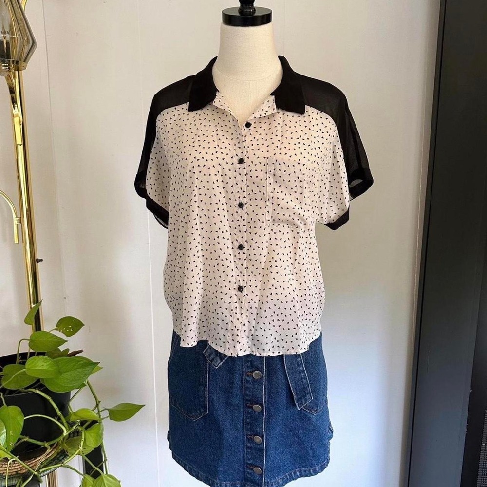 Forever 21 White Black Triangle Polka Dot Retro 1950s Sheer Shoulder Blouse M